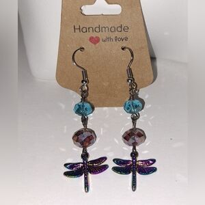 Iridescent Rainbow Titanium Plated Dragonfly and Crystal Dangle Earrings